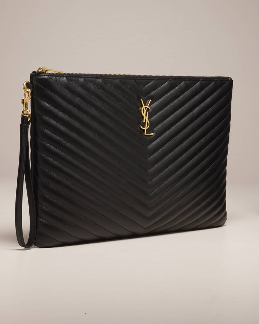 Saint Laurent Monogram Large Chevron Quilted Flat Wristlet Pouch