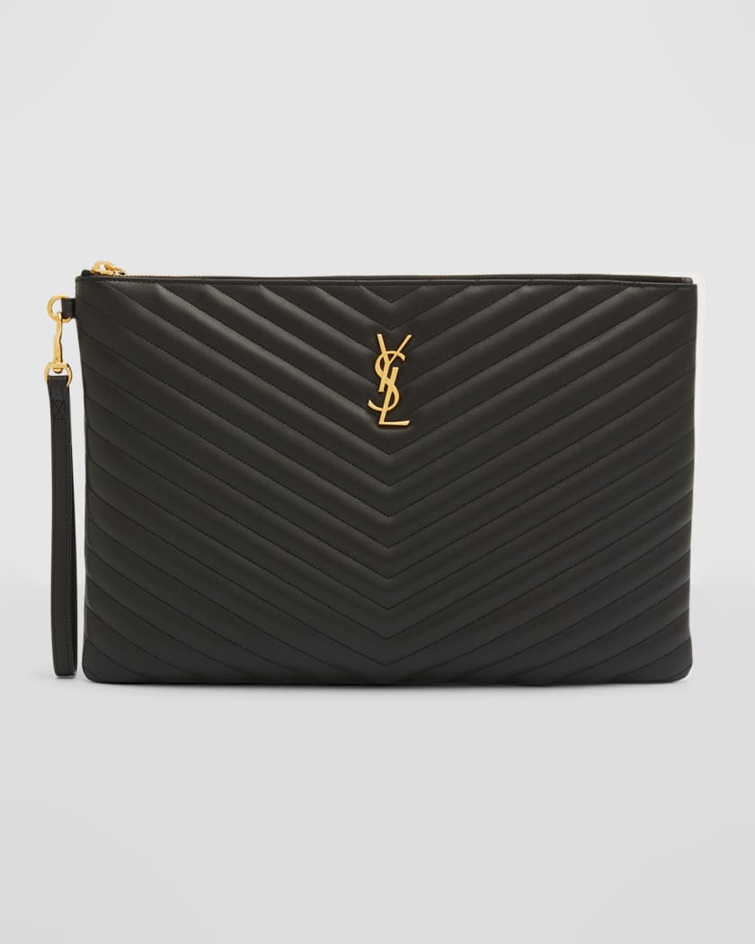 Monogram YSL Large Chevron Quilted Flat Wristlet Pouch Bag