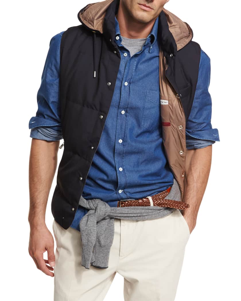 Brunello Cucinelli Men S Hooded Microfiber Snap Vest Neiman Marcus