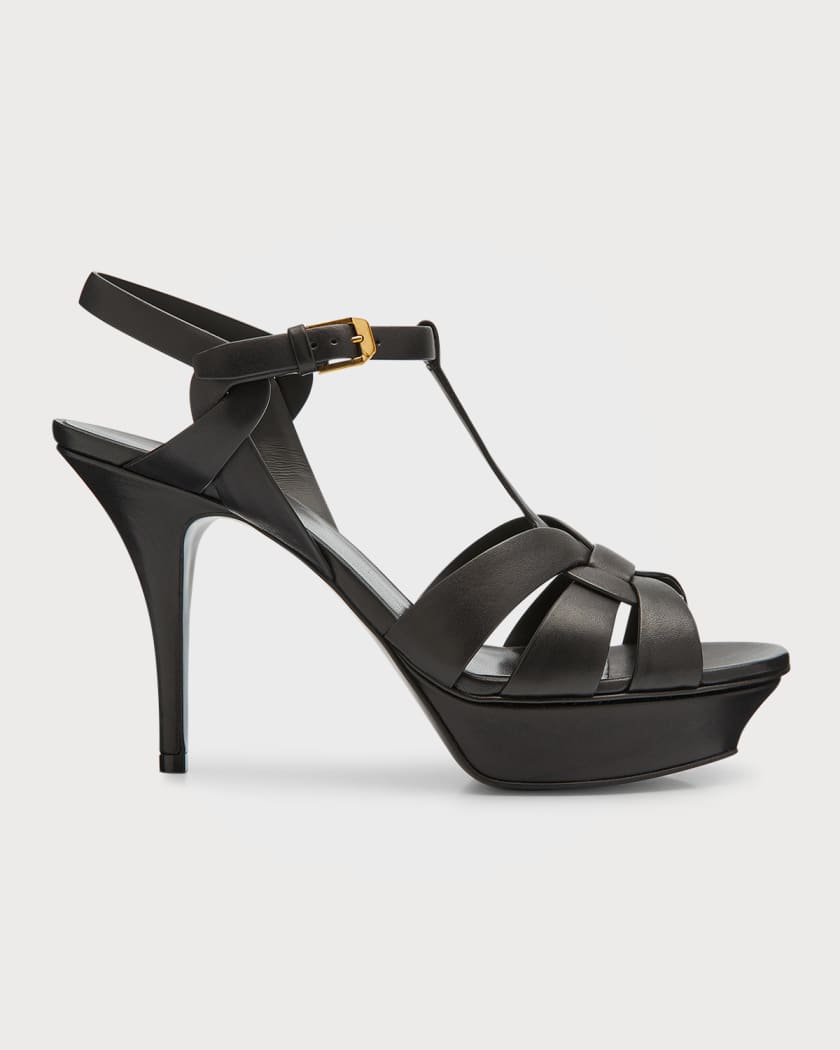 Yves Saint Laurent Black Patent Leather Open Toe Tribute Too Heels