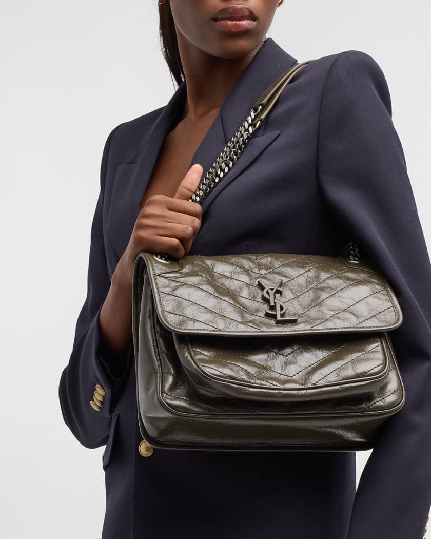Niki Medium Flap YSL Shoulder Bag in Crinkled Leather