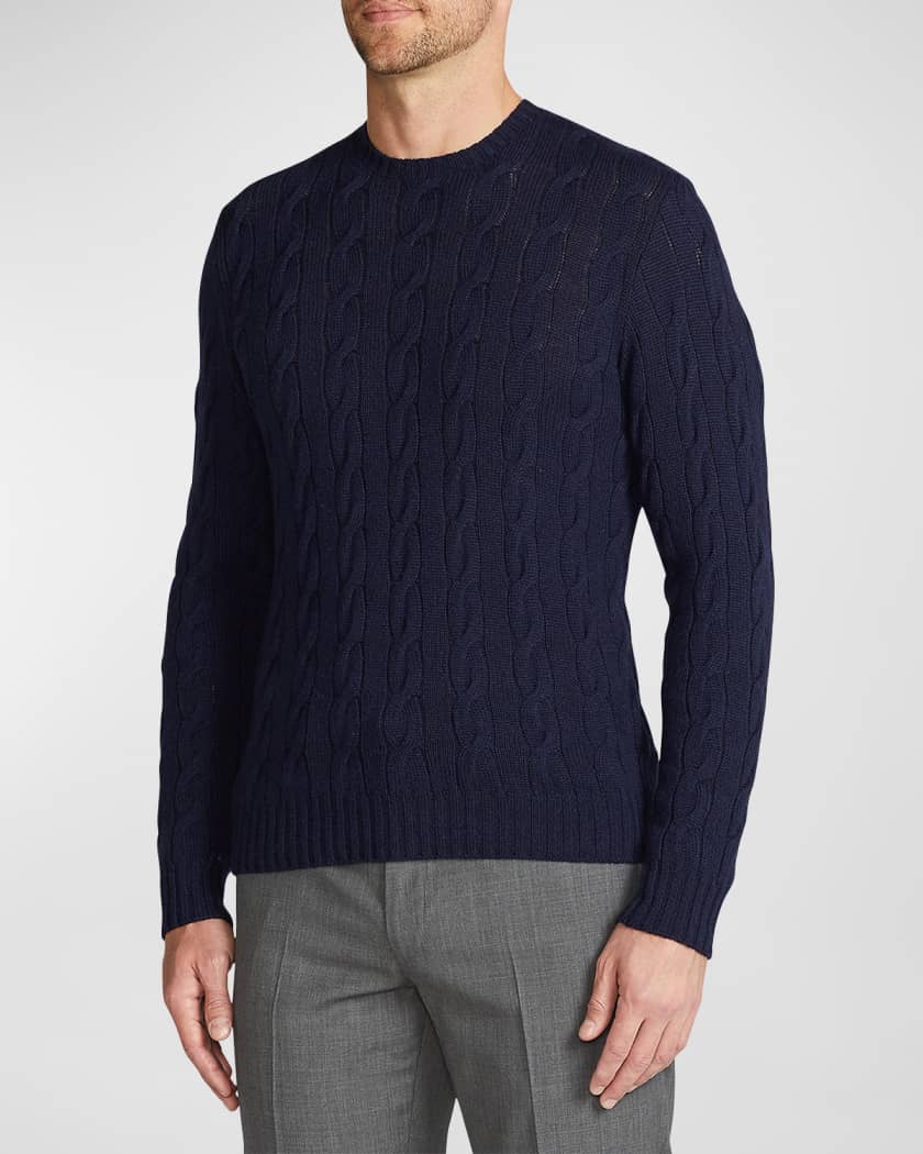 Cashmere Cable-Knit Crewneck Sweater, Navy