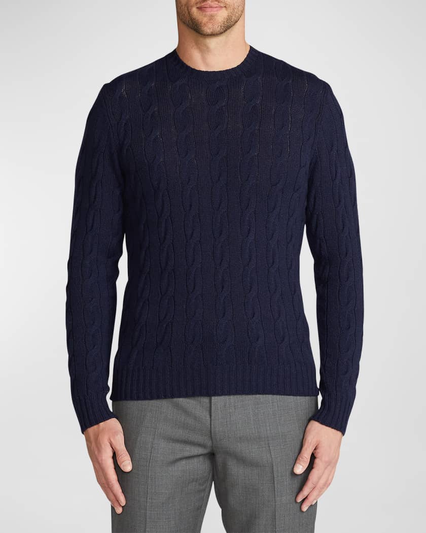 Cashmere Cable-Knit Crewneck Sweater, Navy