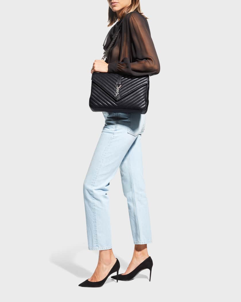 Yves Saint Laurent Grey Chevron Quilted Leather Monogram Medium College Bag