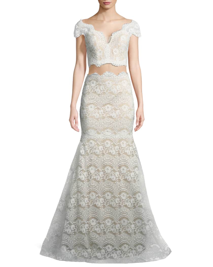 La Femme Stretch Lace Two Piece Scalloped Gown Neiman Marcus