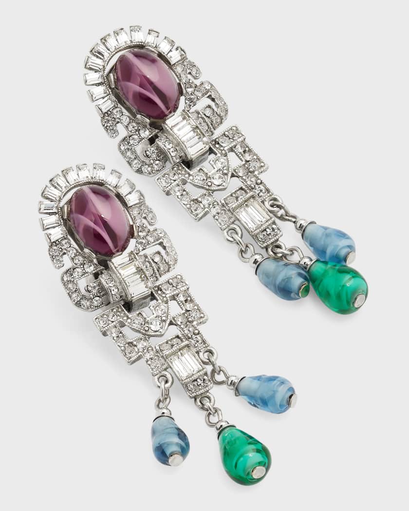 Silver Crystal Oval Topa and Emerald Sapphire Drop Clip-On Earrings