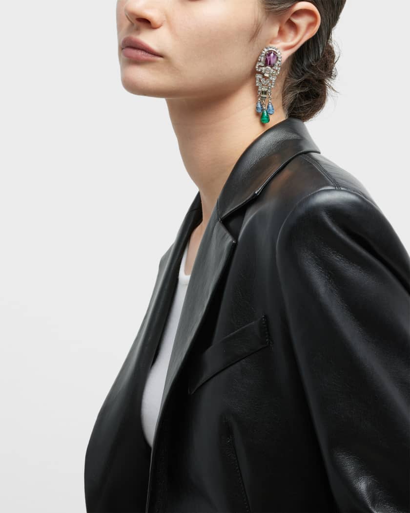Silver Crystal Oval Topa and Emerald Sapphire Drop Clip-On Earrings