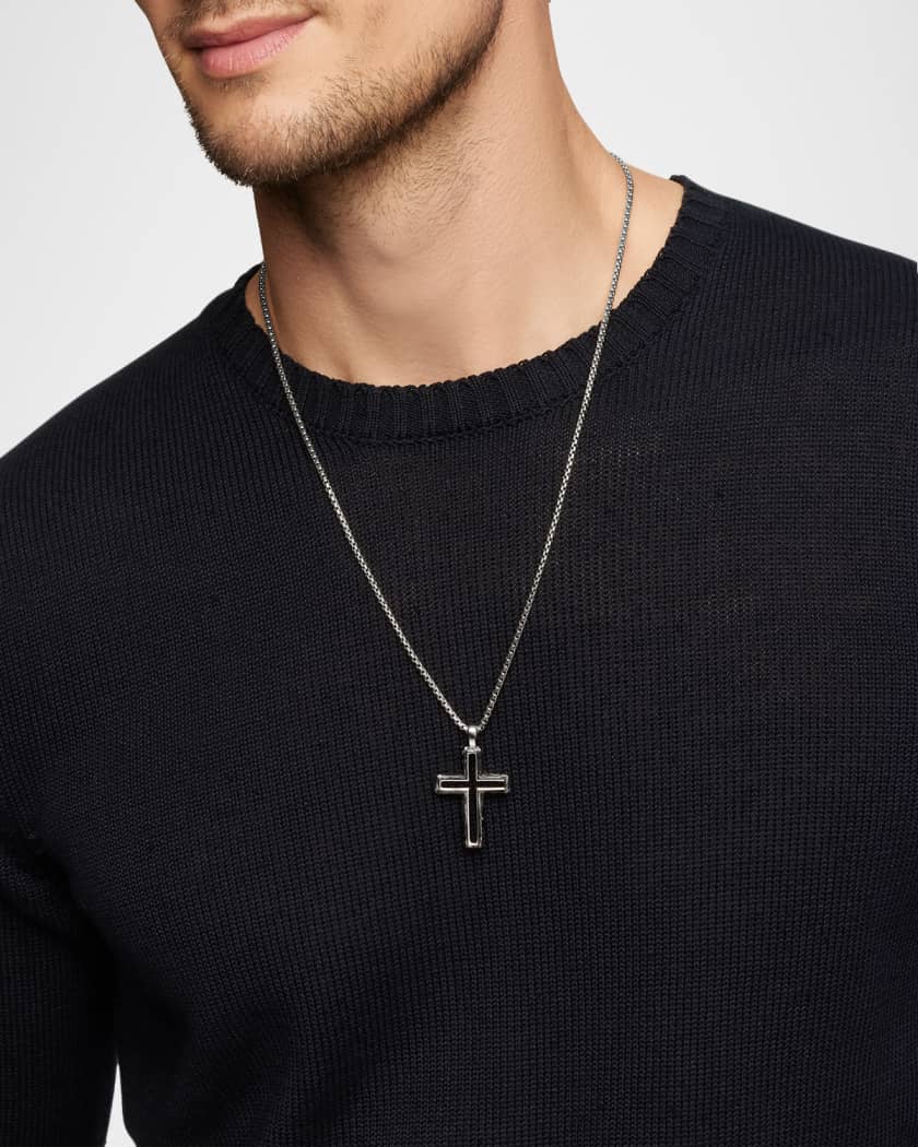 Men's Forged Carbon Cross Pendant in Silver, 37mm
