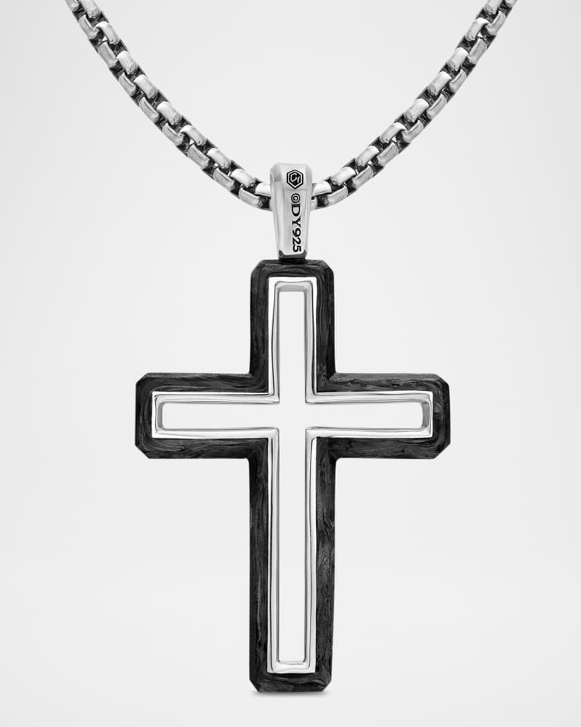 Men's Forged Carbon Cross Pendant in Silver, 37mm