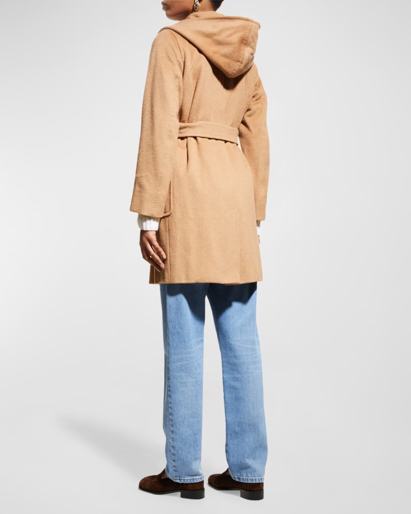 Camel Hooded Wool Blend Wrap Coat