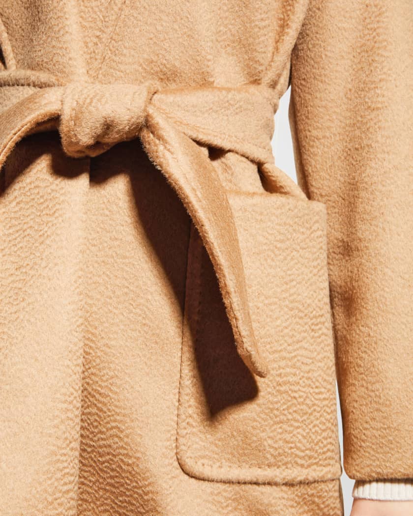 Camel Hooded Wool Blend Wrap Coat