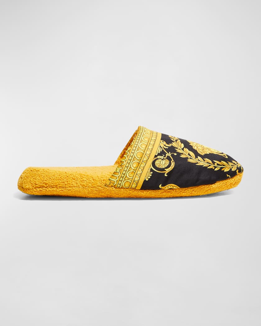 peave Megalopolis Springboard Versace Men's Barocco-Print Mule Slippers | Neiman Marcus