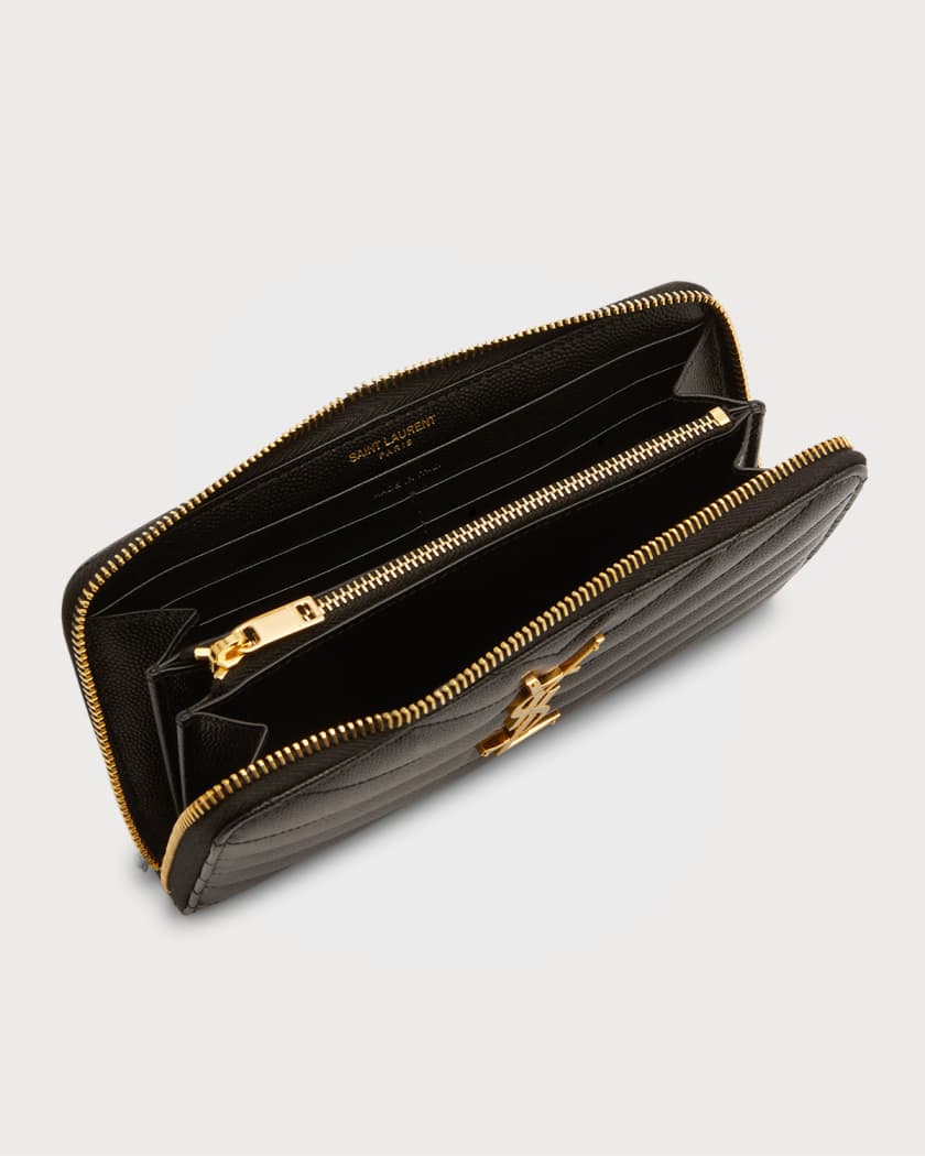 Yves Saint Laurent, Bags, Grain De Poudre Matelasse Chevron Monogram  Compact Zip Around Wallet Black