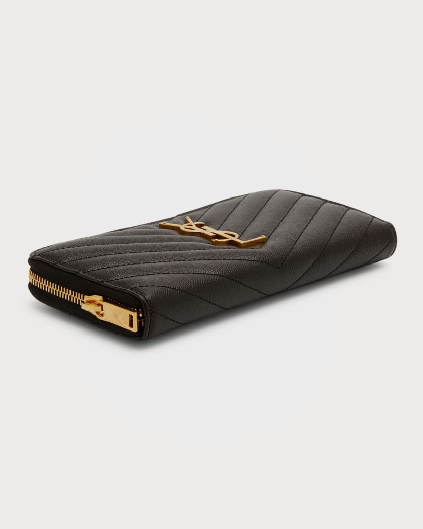 Saint Laurent Black Monogram Chevron Leather Compact Zip Around Wallet