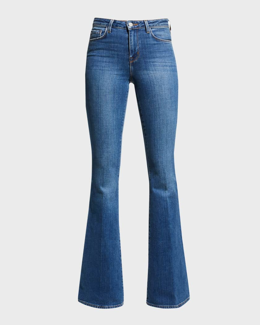 High-Rise Raw Hem Flare Jeans (Color : Medium Wash, Size : Large