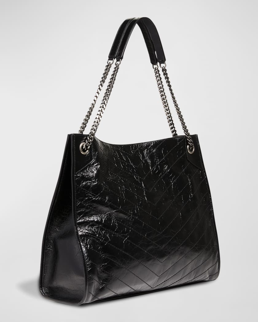 YVES SAINT LAURENT Niki Large Crinkle Leather Shopper Tote Bag Black