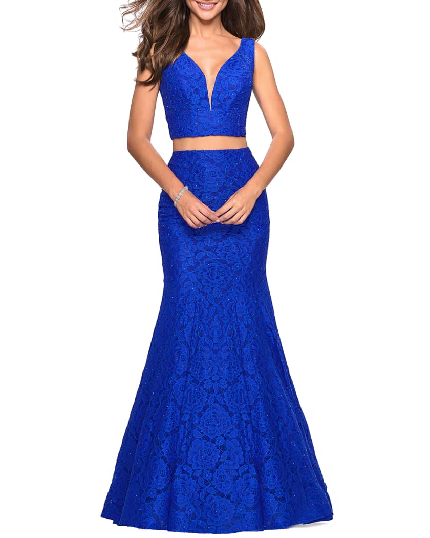 La Femme Two Piece Stretch Lace Dress Set W Sleeveless Crop Top Mermaid Skirt Neiman Marcus