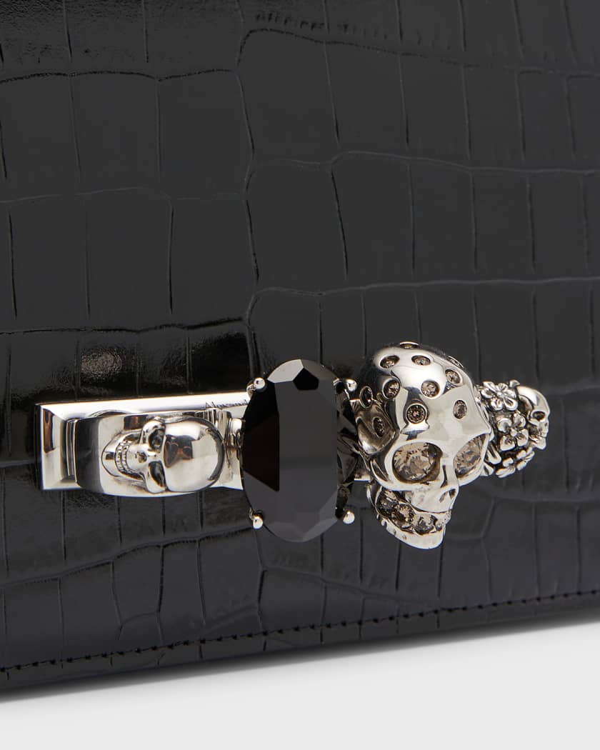 Shiny Croc-Embossed Jeweled Shoulder Bag