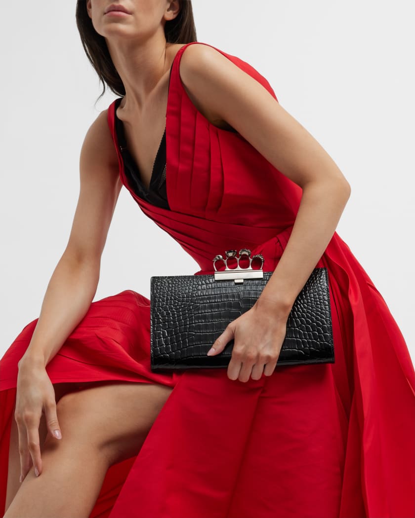 Alexander McQueen Shiny Croc Embossed Flat Knuckle Clutch Bag Neiman Marcus