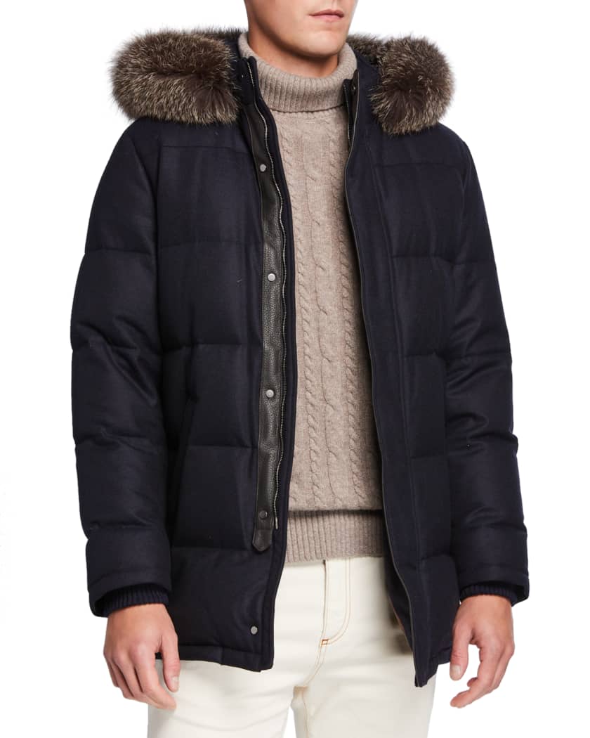 Mandelli Men's Cashmere-Blend Puffer Coat w/ Fur Trim | Neiman Marcus