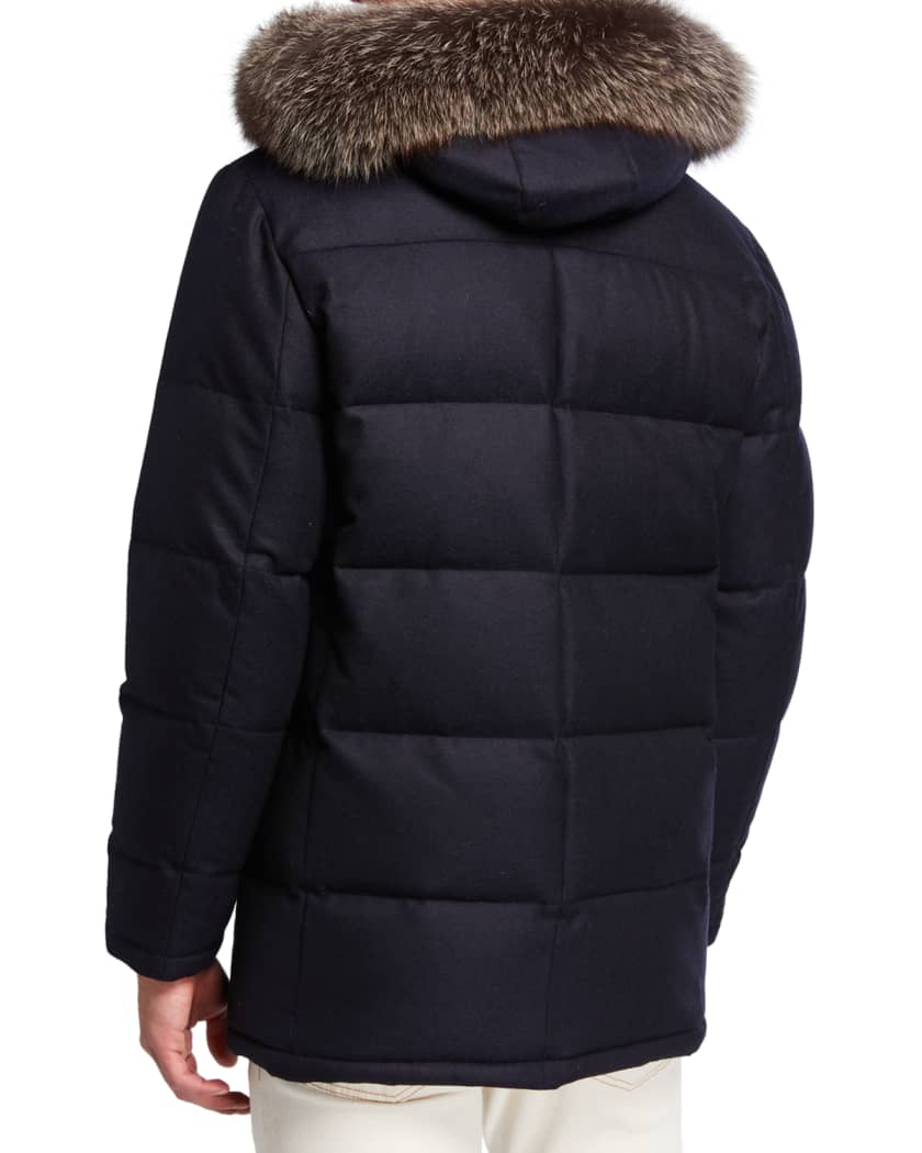 Mandelli Men's Cashmere-Blend Puffer Coat w/ Fur Trim | Neiman Marcus