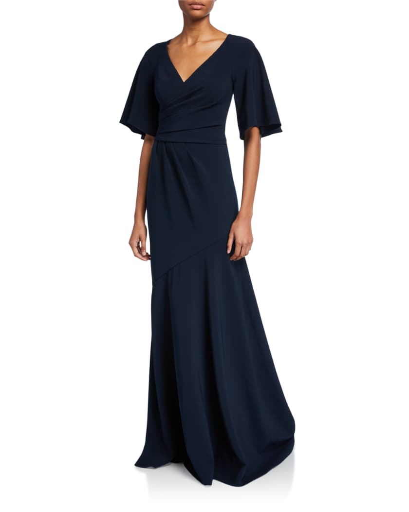 Theia Elbow Sleeve Wrap Front Stretch Crepe Gown Neiman Marcus