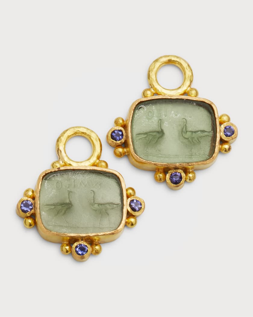 19K Yellow Gold Two Crane Earring Pendants with Stones Pine Green