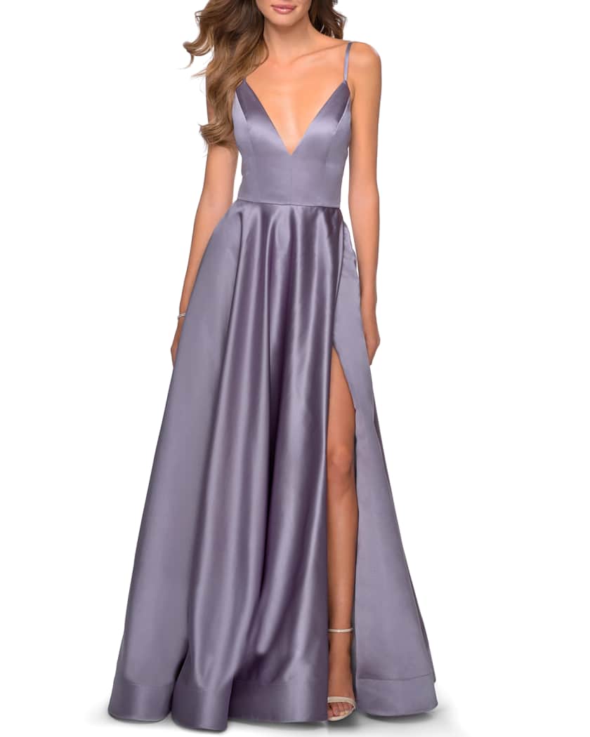 La Femme Deep V Neck Lace Up Back Satin A Line Gown Neiman Marcus