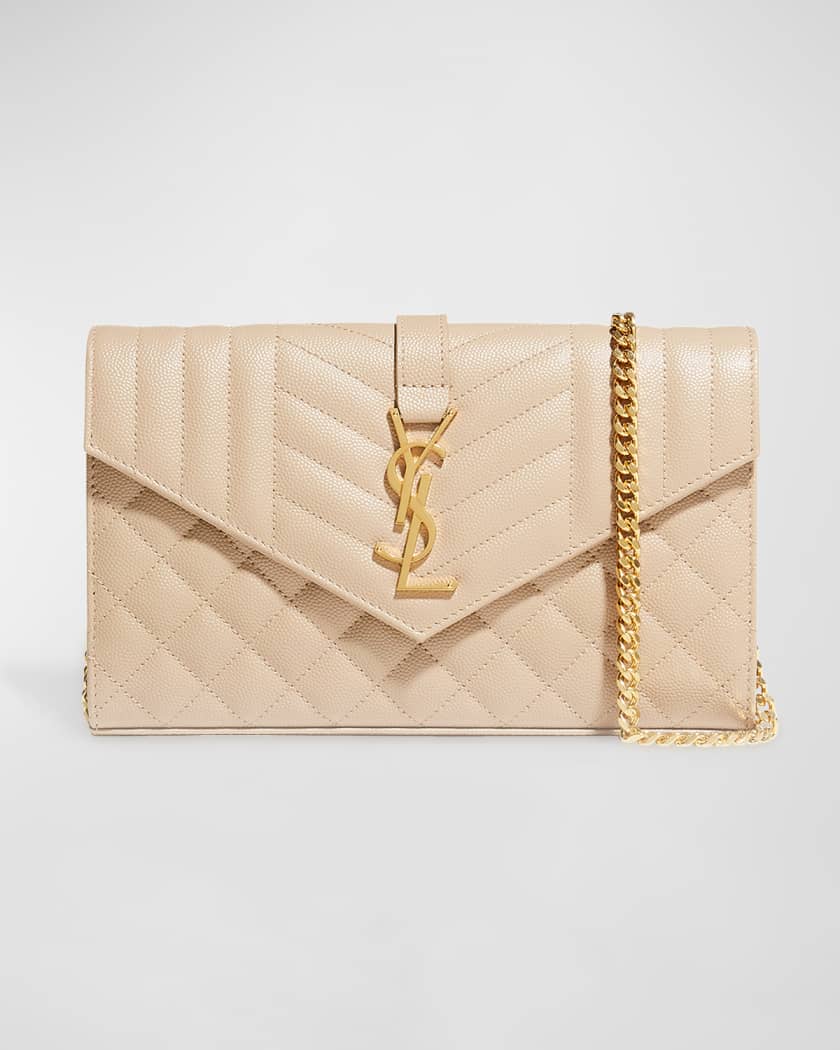 Saint Laurent Envelope Quilted Pebbled Leather Wallet on A Chain Beige