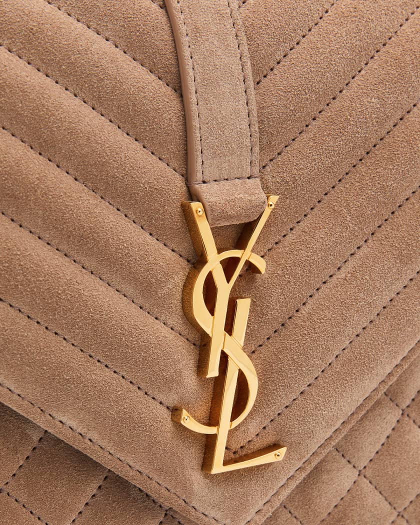 Saint Laurent Triquilt Medium Ysl Monogram Suede V Flap Shoulder Bag Rosy Sand