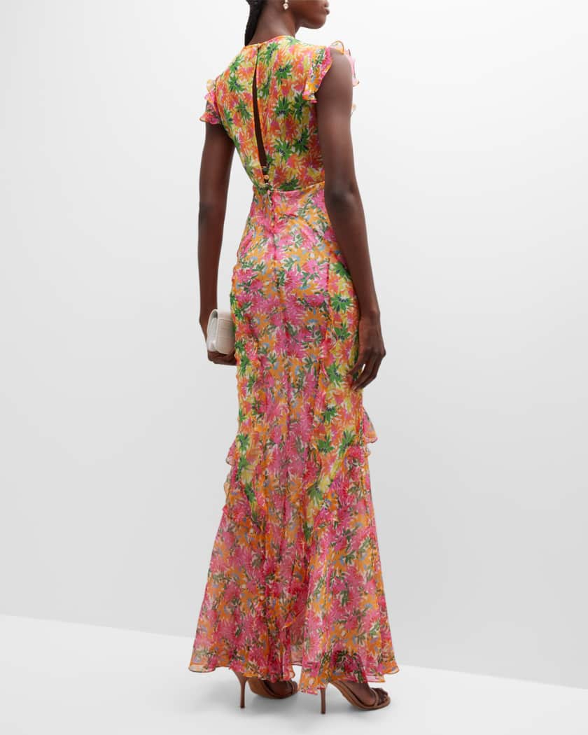 Saloni tamara floral silk ruffle gown store