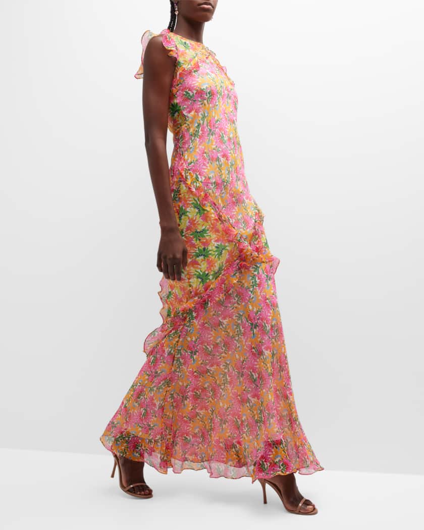 Saloni tamara floral silk top ruffle gown