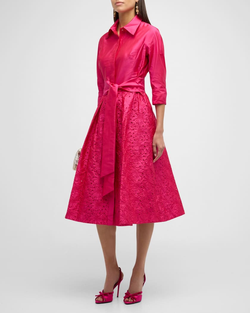 Rickie Freeman for Teri Jon Taffeta Shirt Dress w Eyelet Skirt
