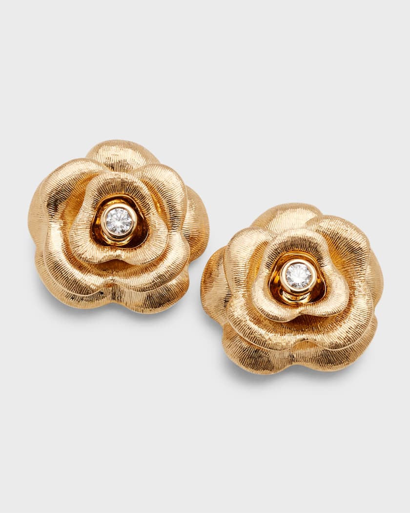 14k Yellow Gold Diamond Bezel Rose Stud Earrings