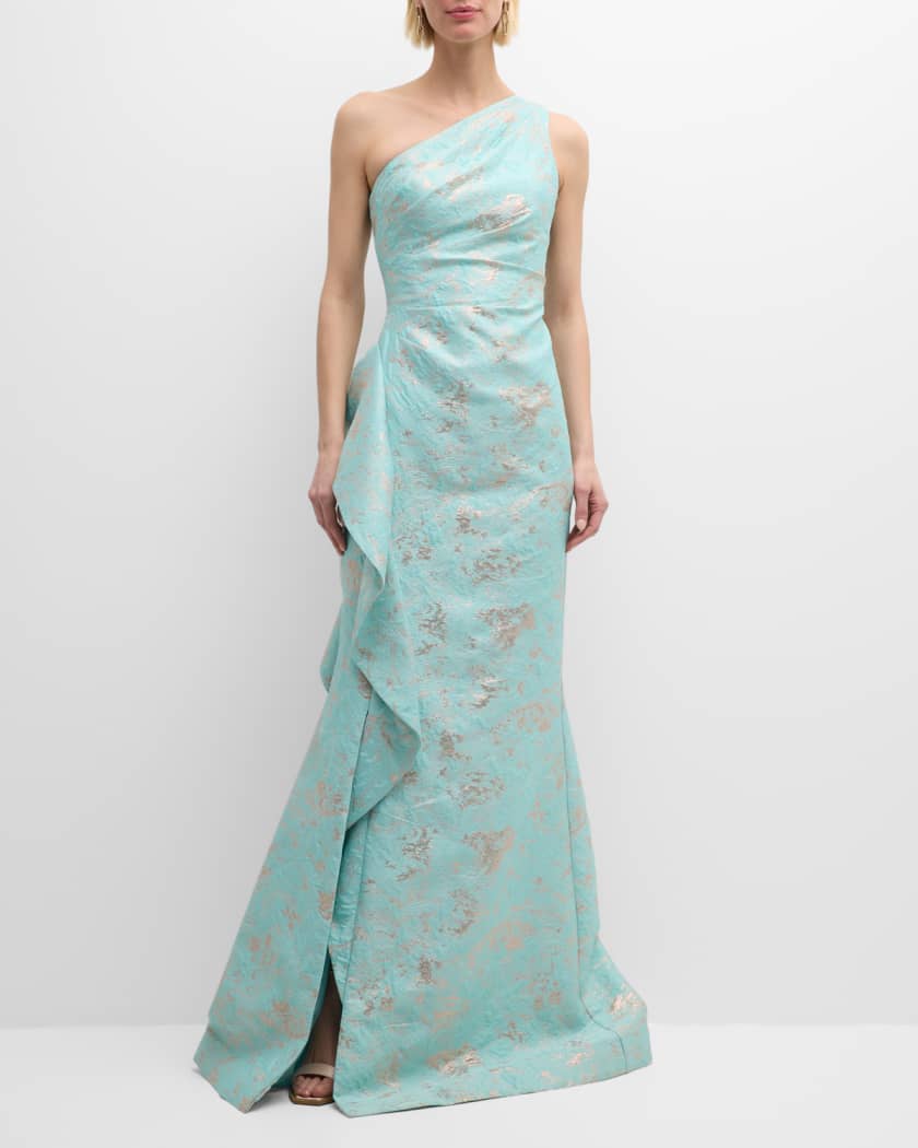 Metallic Jacquard One-Shoulder Side-Ruffle Gown