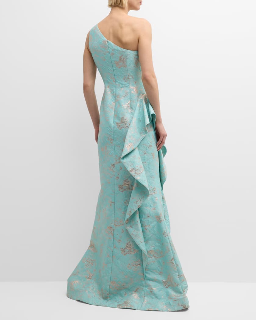 Metallic Jacquard One-Shoulder Side-Ruffle Gown