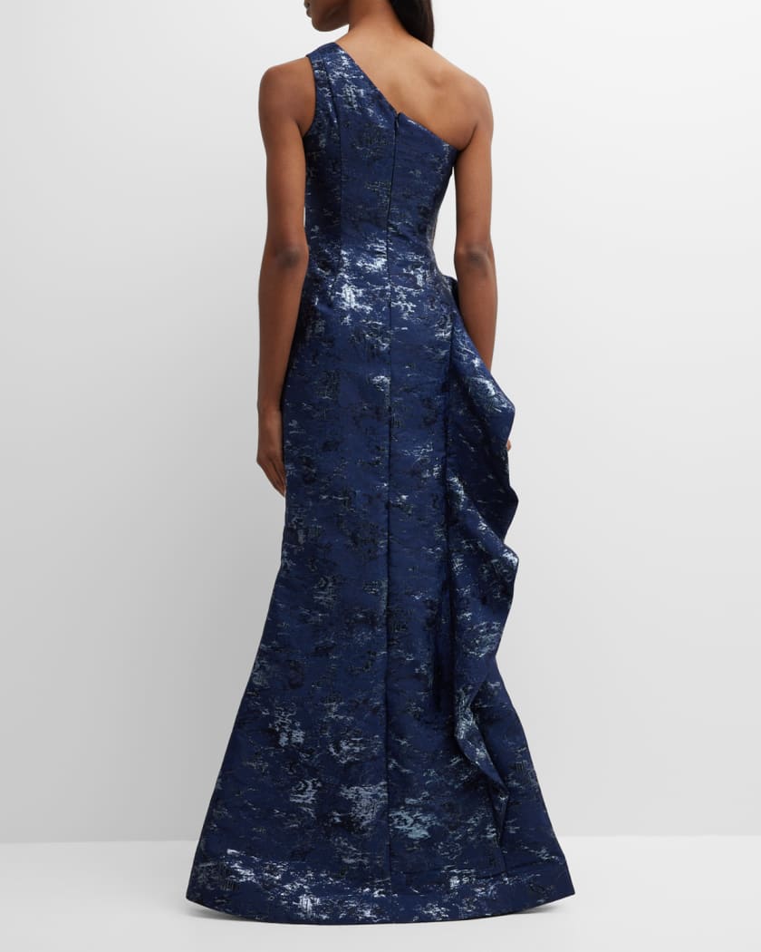 Metallic Jacquard One-Shoulder Side-Ruffle Gown