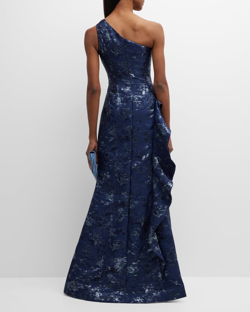 Metallic Jacquard One-Shoulder Side-Ruffle Gown
