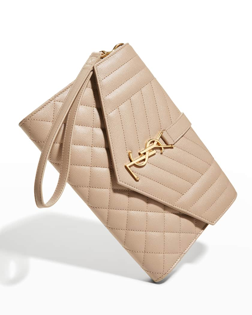 Beige YSL-monogram quilted-leather clutch bag