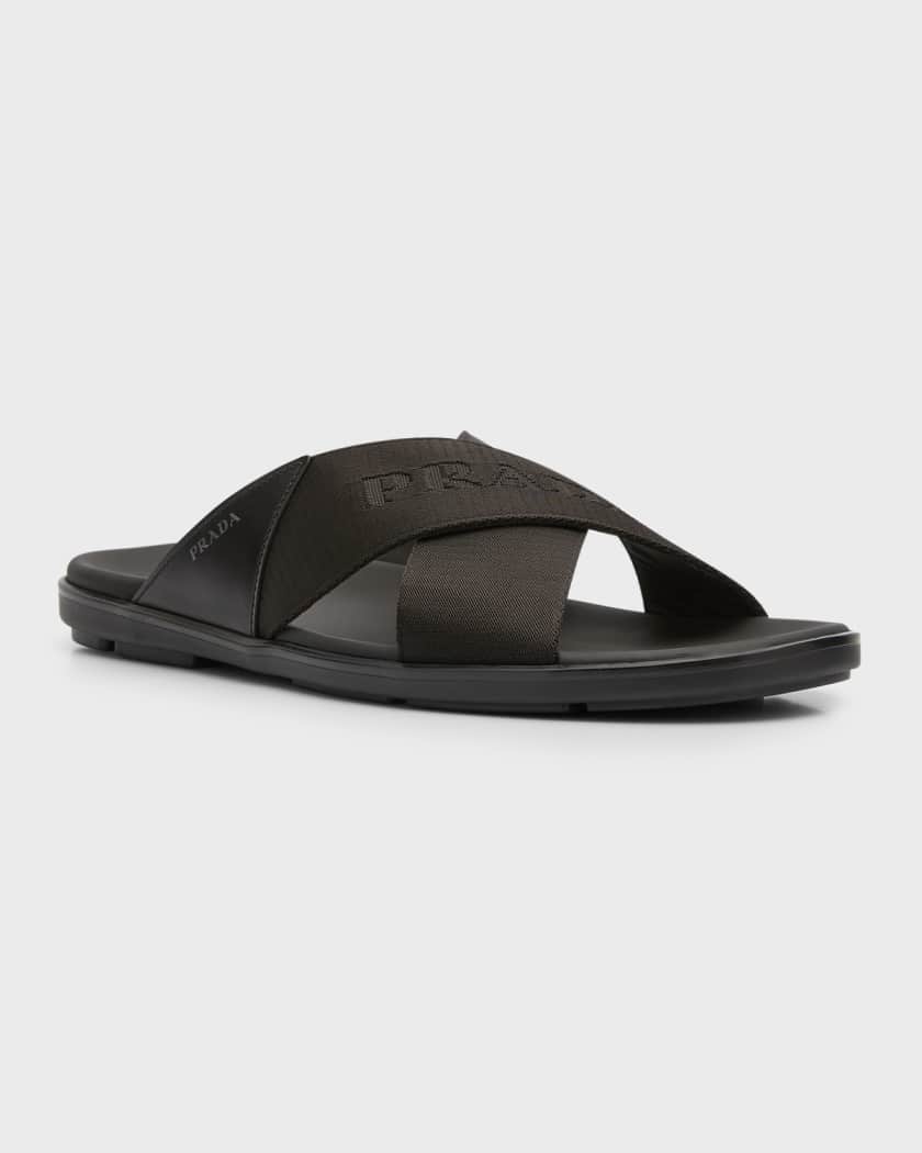 Prada Men's Nastro Web Logo Slide Sandals | Neiman Marcus