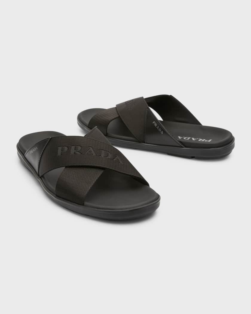 Prada Men's Nastro Web Logo Slide Sandals | Neiman Marcus