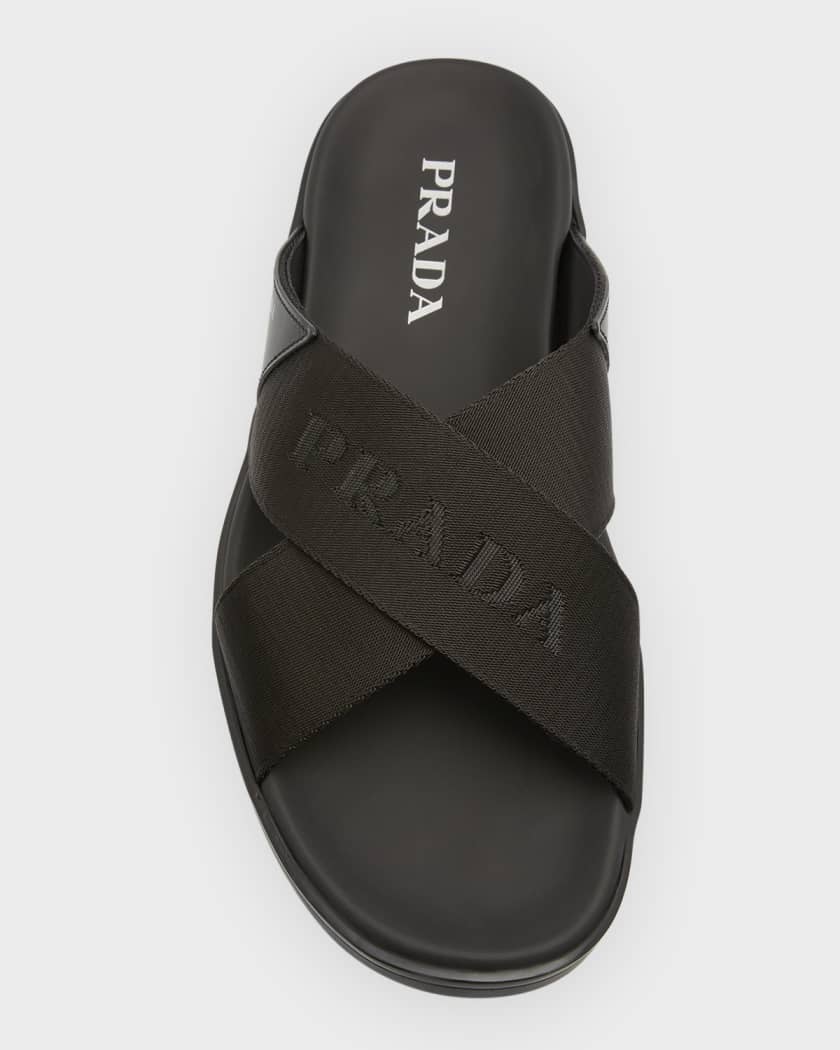 Prada Men's Nastro Web Logo Slide Sandals | Neiman Marcus