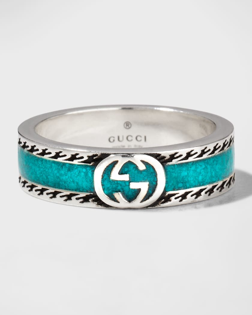 Gucci Men's Interlocking G Silver & Enamel Band Ring | Neiman Marcus