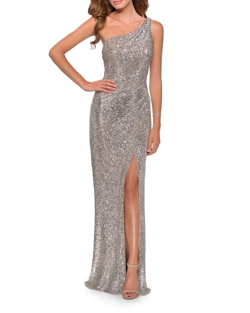 one shoulder column gown