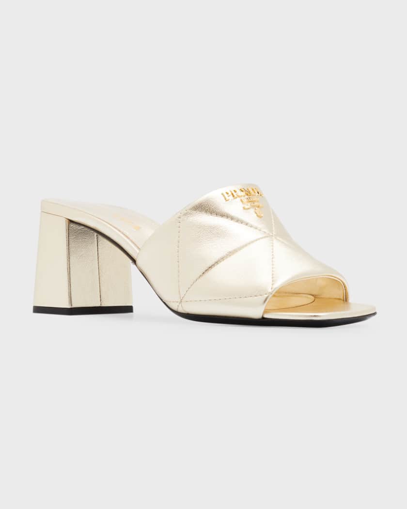 Quilted Leather Block-Heel Slide Sandals
