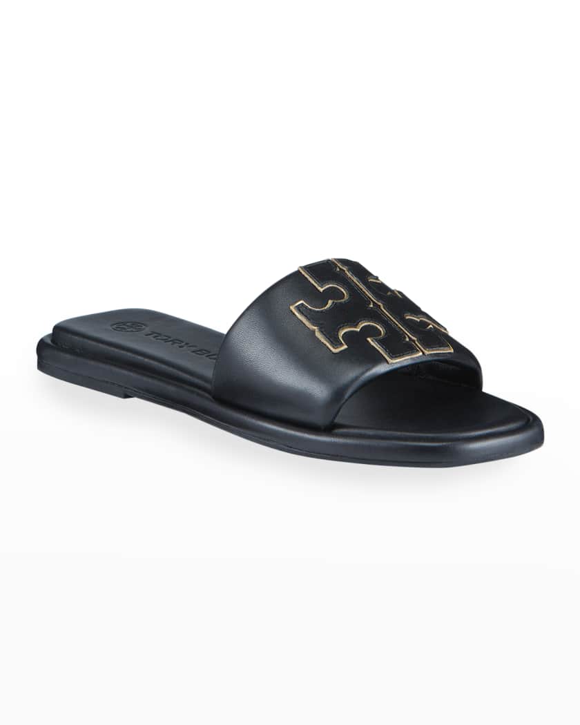 Double T Leather Medallion Slide Sandals