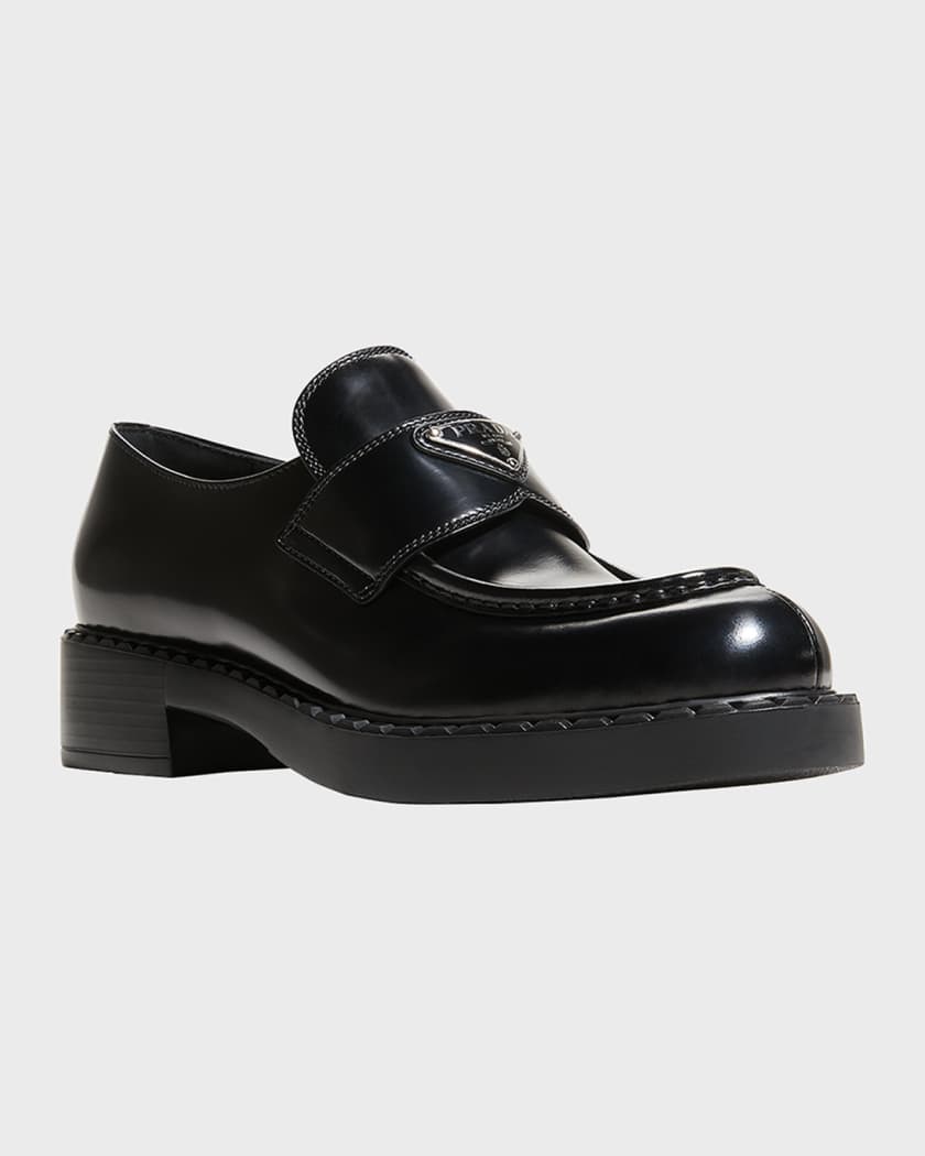 Prada Women's Patent Leather Logo Loafers - Nero - Size 7.5