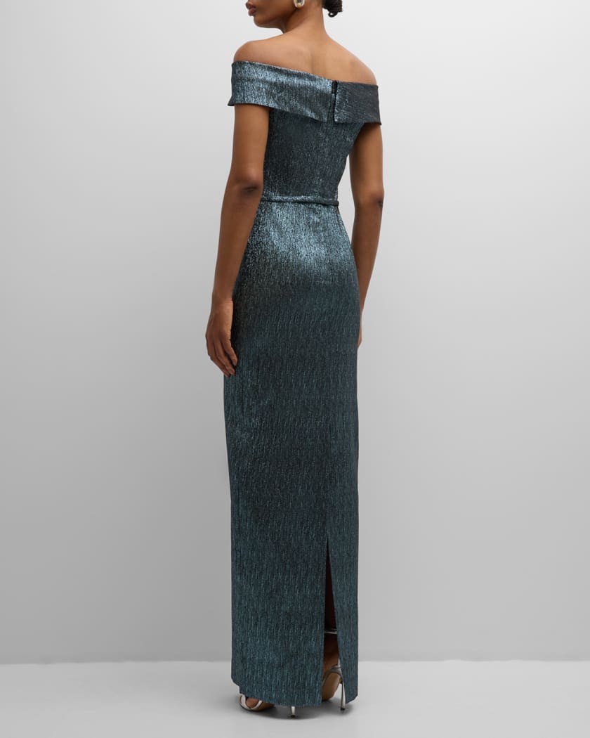 Off-Shoulder Metallic Column Gown
