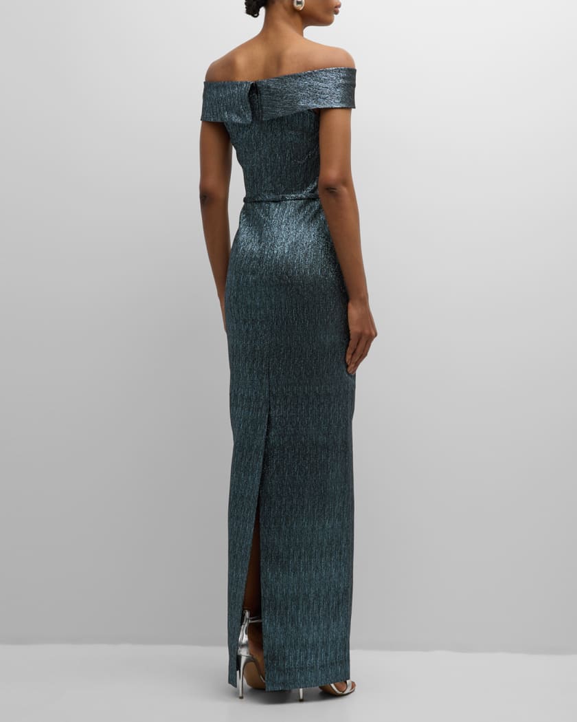 Off-Shoulder Metallic Column Gown