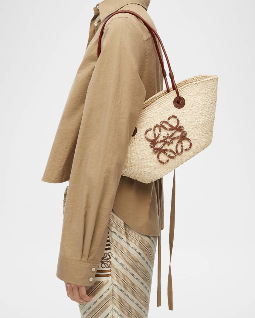 x Paula's Ibiza Anagram Small Basket Bag in Iraca Palm with Leather Handles